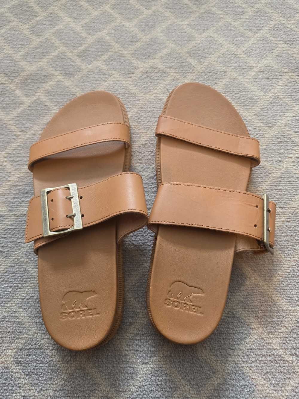 Sorel Tan Leather Double-Strap Slide Sandals
